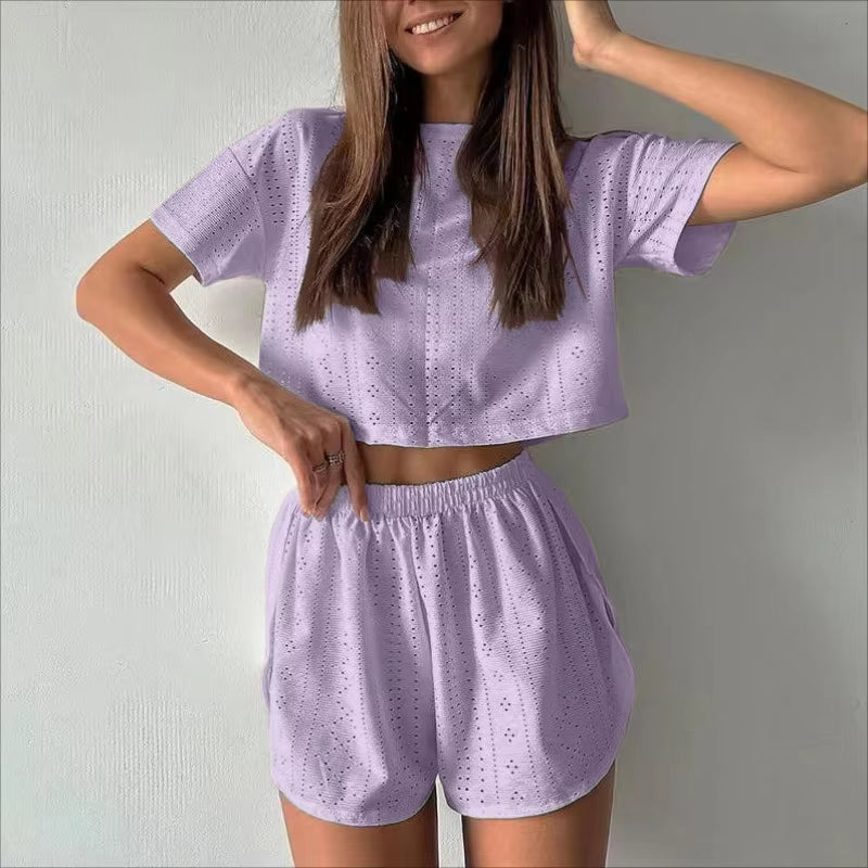 Women'S Pajamas Set Spring Long Sleeve Tops with Shorts Sleepwear 2 Piece Set Loose round Neck Home Wear Loungewear Pyjama Femme