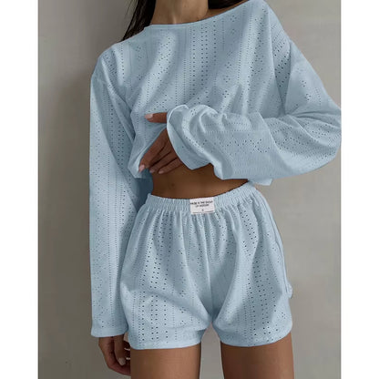 Women'S Pajamas Set Spring Long Sleeve Tops with Shorts Sleepwear 2 Piece Set Loose round Neck Home Wear Loungewear Pyjama Femme