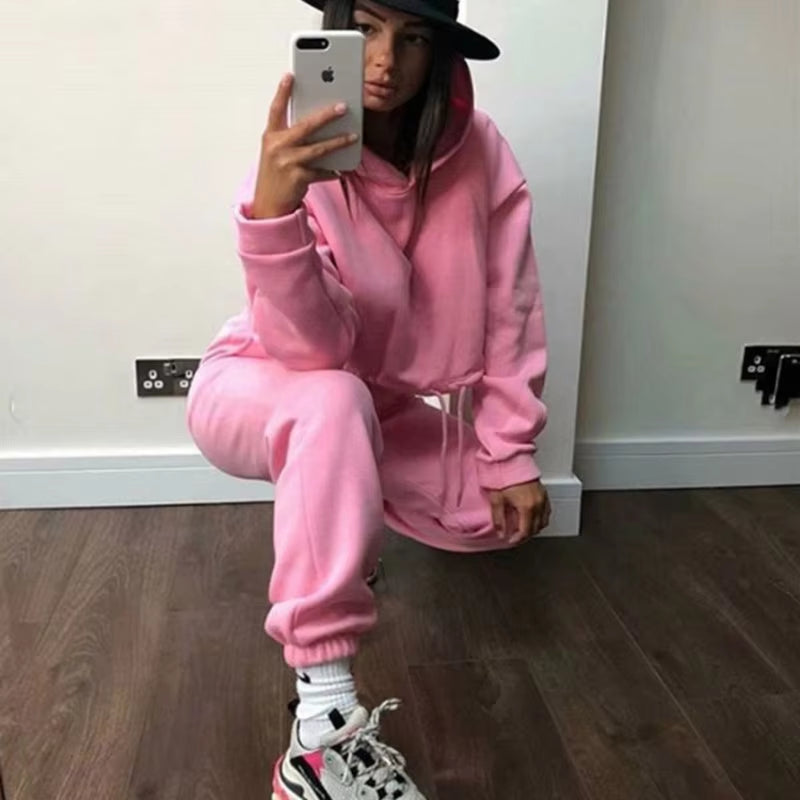 Women Casual Sets Hoodie Sweatshirts and Long Pant Solid Color Tops and Sweatpants Loose Ladies Sport Suit Tracksuit