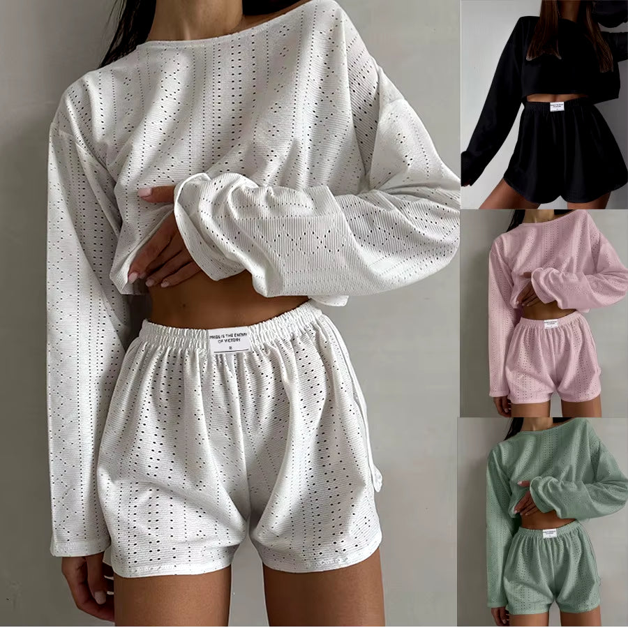 Women'S Pajamas Set Spring Long Sleeve Tops with Shorts Sleepwear 2 Piece Set Loose round Neck Home Wear Loungewear Pyjama Femme