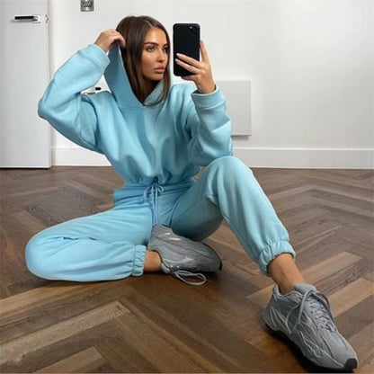 Women Casual Sets Hoodie Sweatshirts and Long Pant Solid Color Tops and Sweatpants Loose Ladies Sport Suit Tracksuit