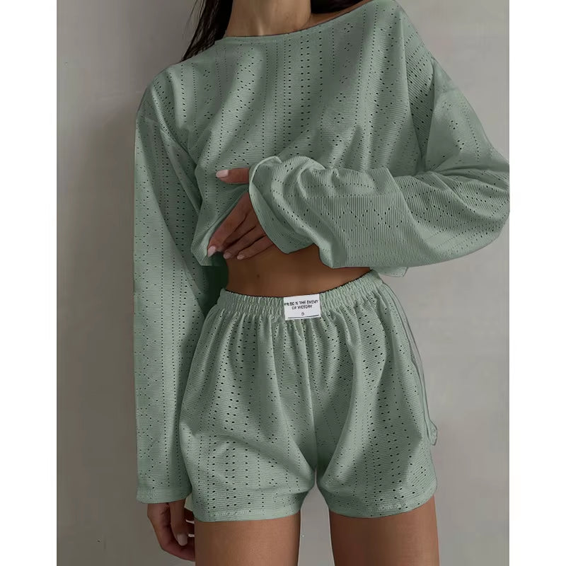 Women'S Pajamas Set Spring Long Sleeve Tops with Shorts Sleepwear 2 Piece Set Loose round Neck Home Wear Loungewear Pyjama Femme