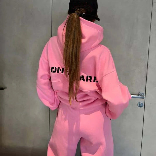 2024 New Women'S Casual Fashion Print Suit Solid Color Thickened Warm Hooded Top Elastic Sports Pants Female'S Two Piece Set