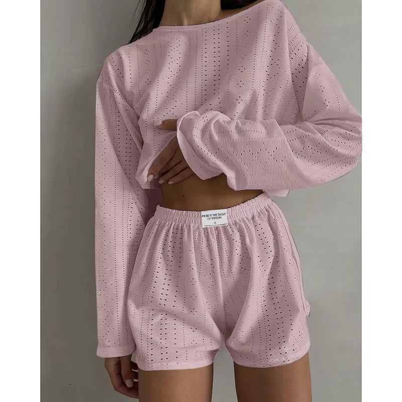 Women'S Pajamas Set Spring Long Sleeve Tops with Shorts Sleepwear 2 Piece Set Loose round Neck Home Wear Loungewear Pyjama Femme