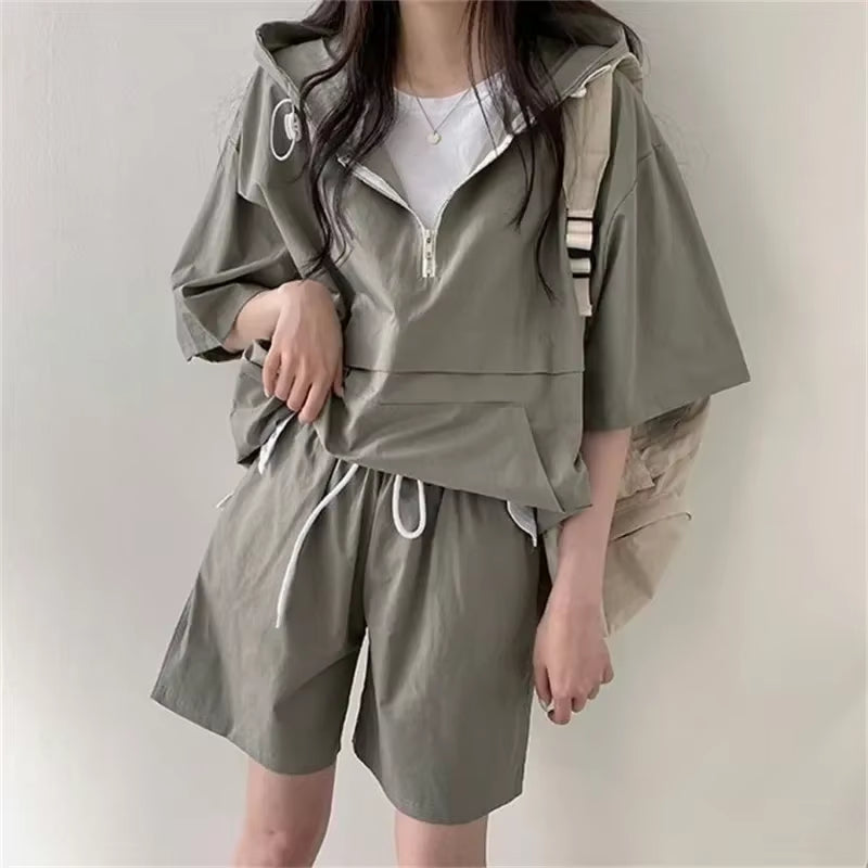 Sets for Women 2 Pieces Sweat Suit Summer Shorts T-Shirt Hooded Loose Sports Tracksuit Training Bottom Suit Korean Style 2024