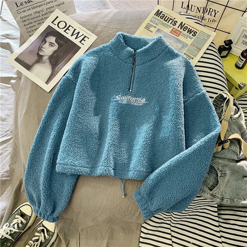 Women Stand Neck Fleece Cropped Hoodies Autumn Letter Embroidery Long Sleeve Drawstring Sweatshirt Elegant Plush Velvet Tops