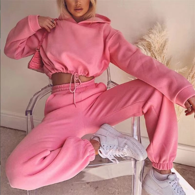 Women Casual Sets Hoodie Sweatshirts and Long Pant Solid Color Tops and Sweatpants Loose Ladies Sport Suit Tracksuit