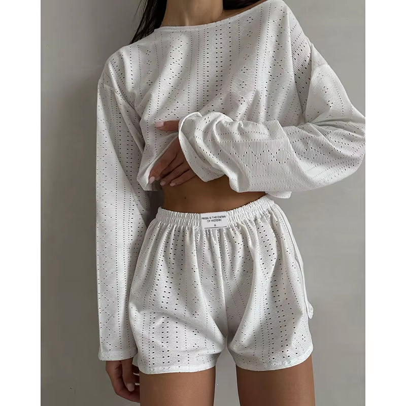 Women'S Pajamas Set Spring Long Sleeve Tops with Shorts Sleepwear 2 Piece Set Loose round Neck Home Wear Loungewear Pyjama Femme