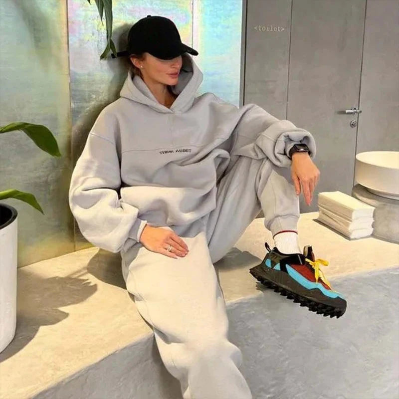 2024 New Women'S Casual Fashion Print Suit Solid Color Thickened Warm Hooded Top Elastic Sports Pants Female'S Two Piece Set